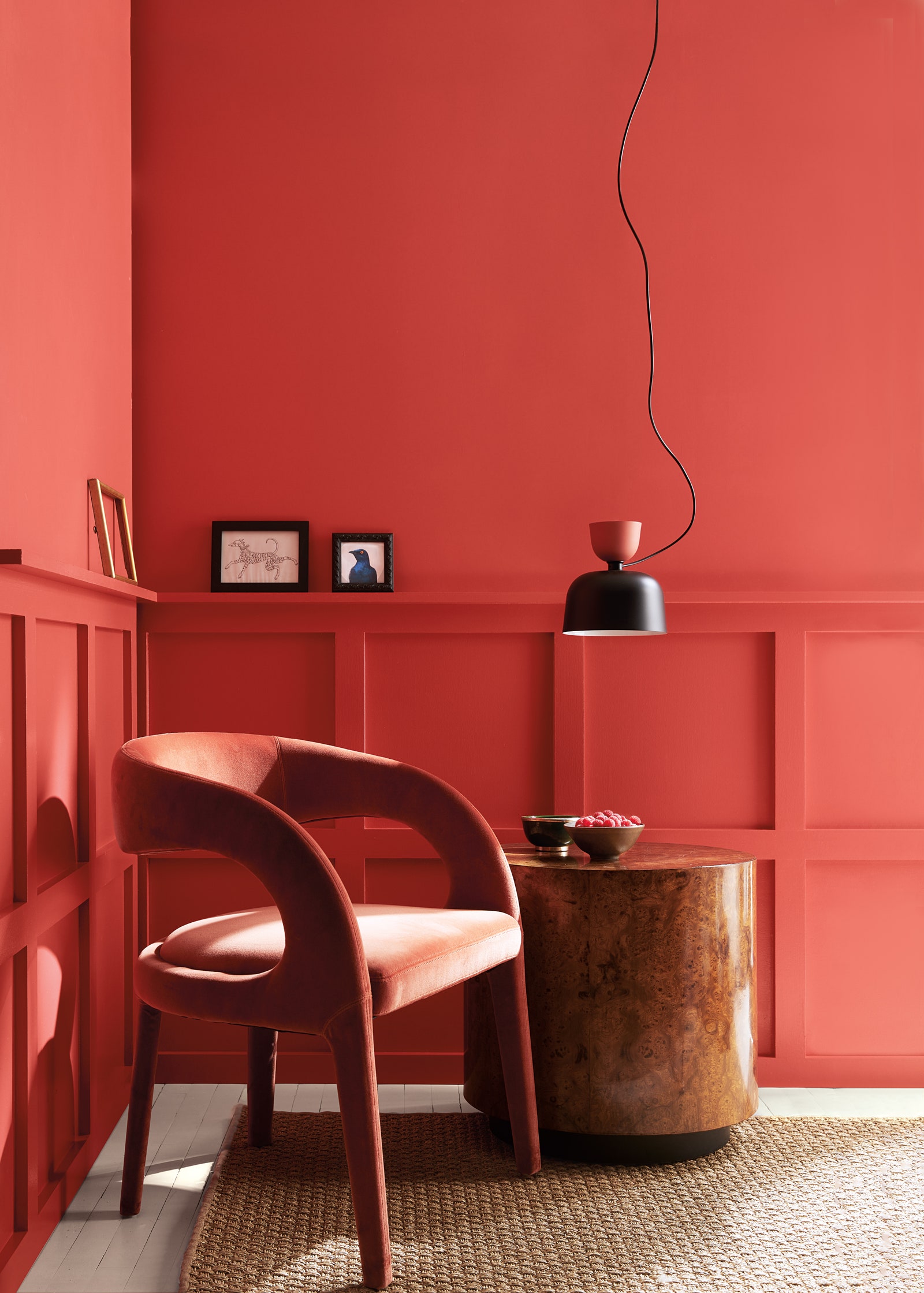 A vignette in a room painted in Benjamin Moore Color of the Year 2023 Raspberry Blush